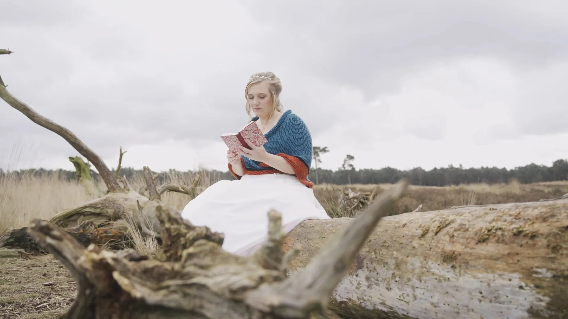Bruid leest haar geloften voor op de heide, still uit een trouwvideo